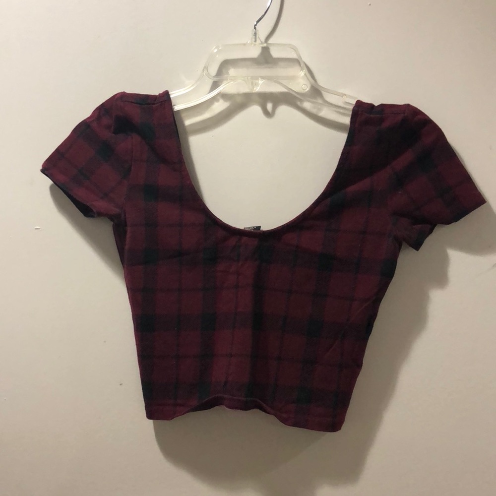 Maroon and black plaid crop top